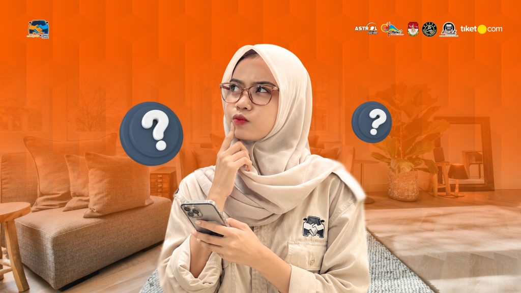 Wanita berhijab sedang memegang ponsel dan berpikir memilih sewa mobil Lombok